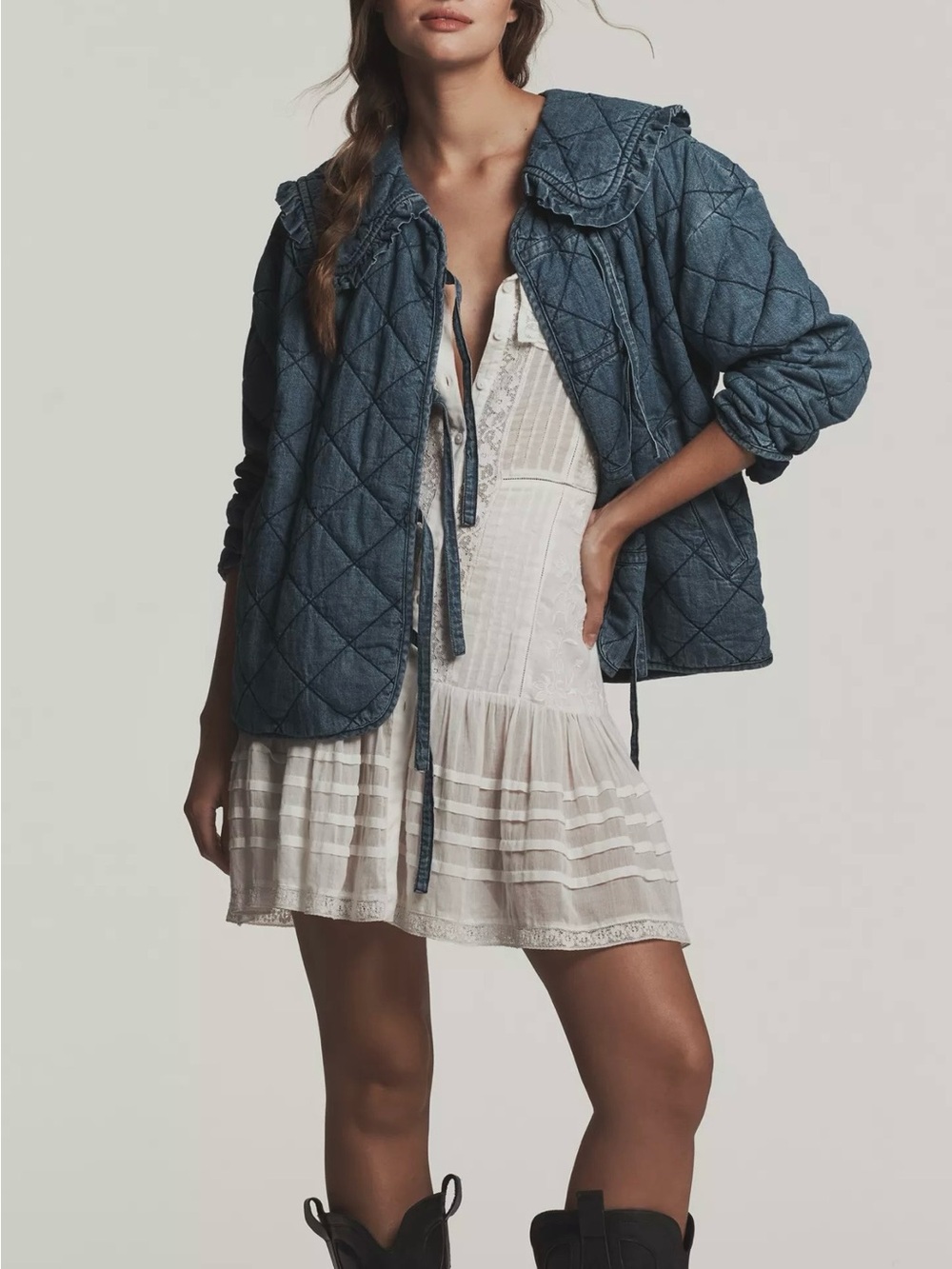 Anthropologie Avec Les Filles Maura Quilted Blue Denim Bow Tie-Front Jacket